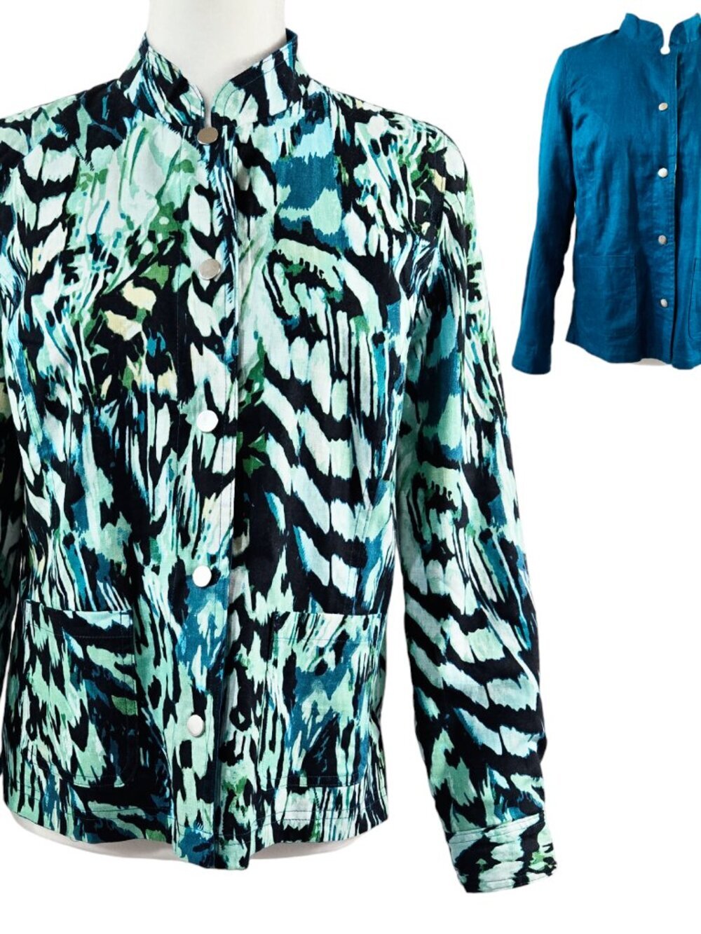 Chico's Reversible Linen Blend Green Black Abstract Teal Snap-Up Jacket Boho